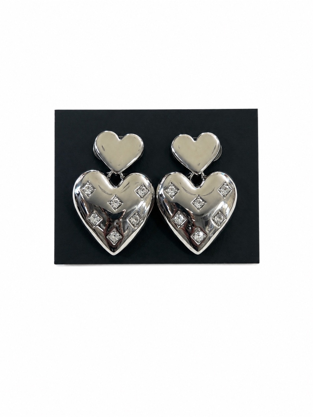 Vintage Silver Tone Double Heart Rhinestone Statement Dangle Earrings